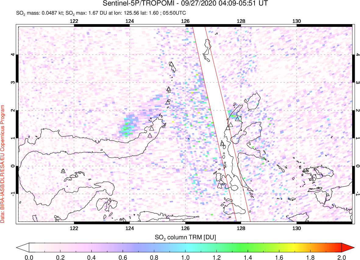A sulfur dioxide image over Northern Sulawesi & Halmahera, Indonesia on Sep 27, 2020.
