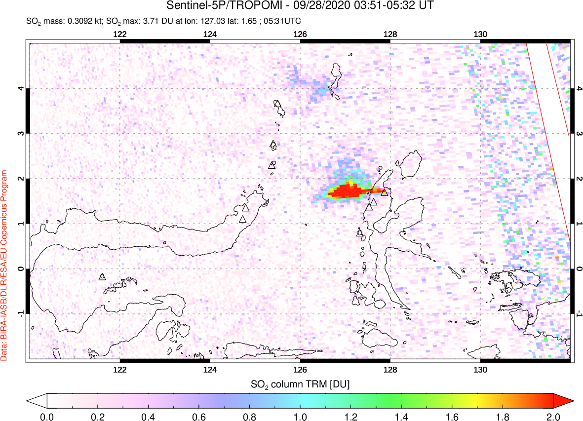 A sulfur dioxide image over Northern Sulawesi & Halmahera, Indonesia on Sep 28, 2020.