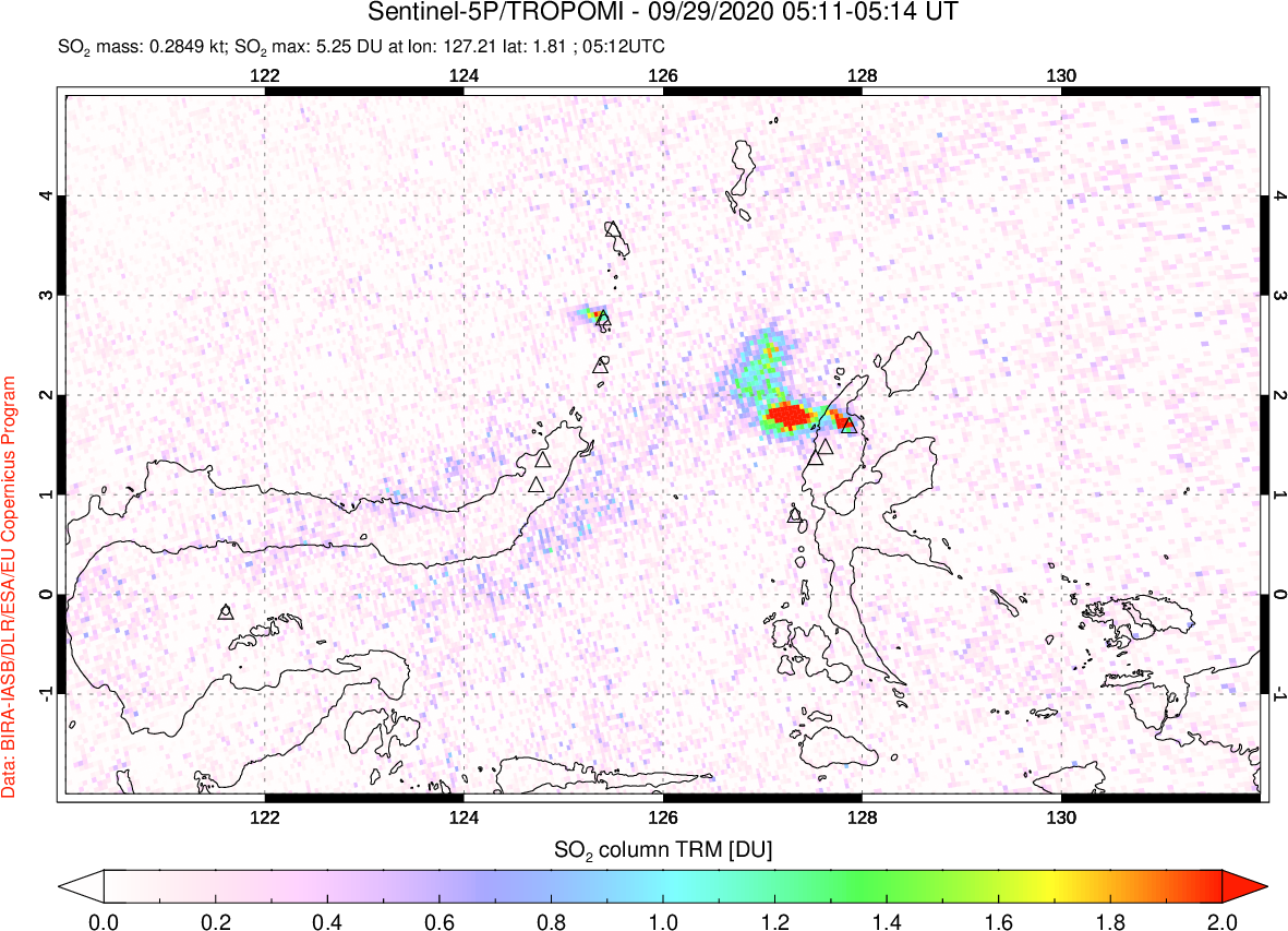 A sulfur dioxide image over Northern Sulawesi & Halmahera, Indonesia on Sep 29, 2020.