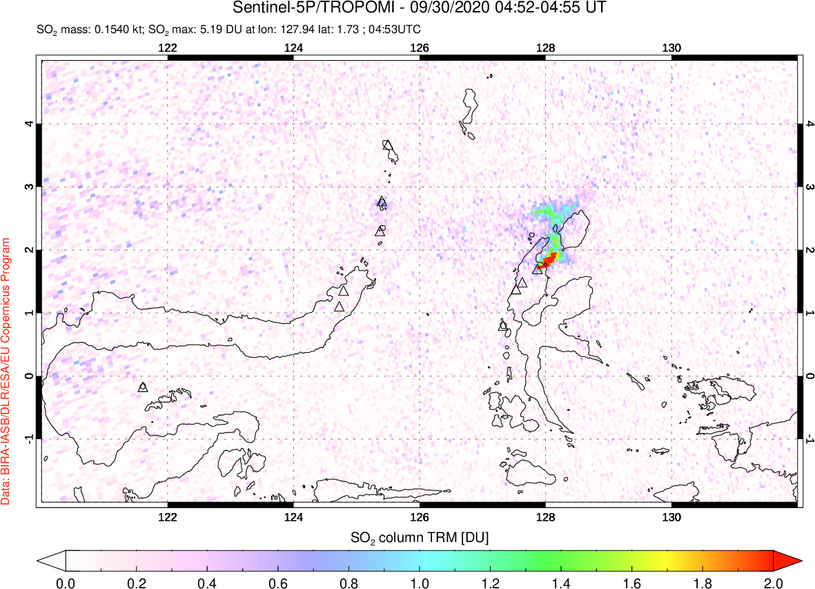 A sulfur dioxide image over Northern Sulawesi & Halmahera, Indonesia on Sep 30, 2020.