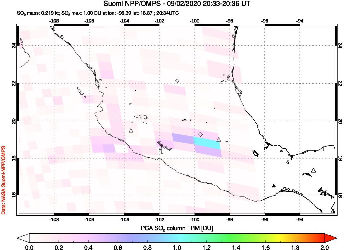 A sulfur dioxide image over Mexico on Sep 02, 2020.