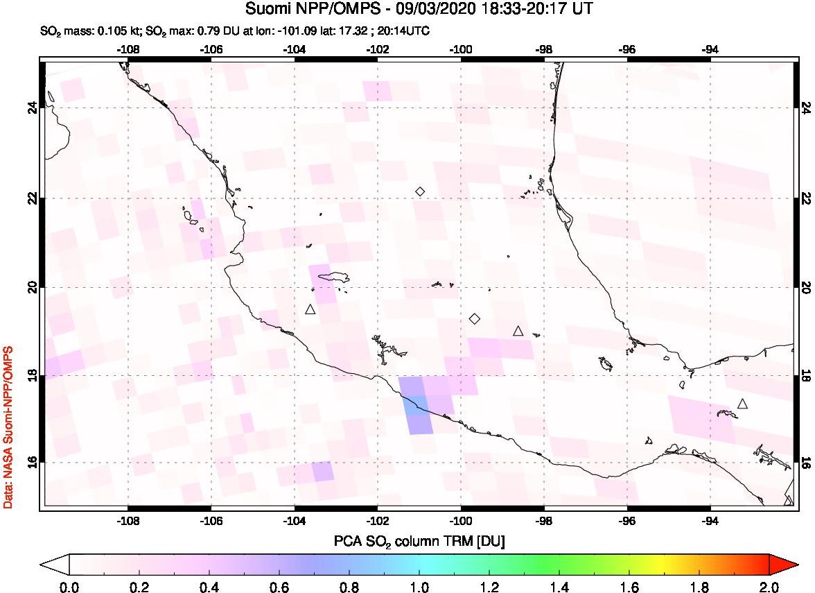 A sulfur dioxide image over Mexico on Sep 03, 2020.