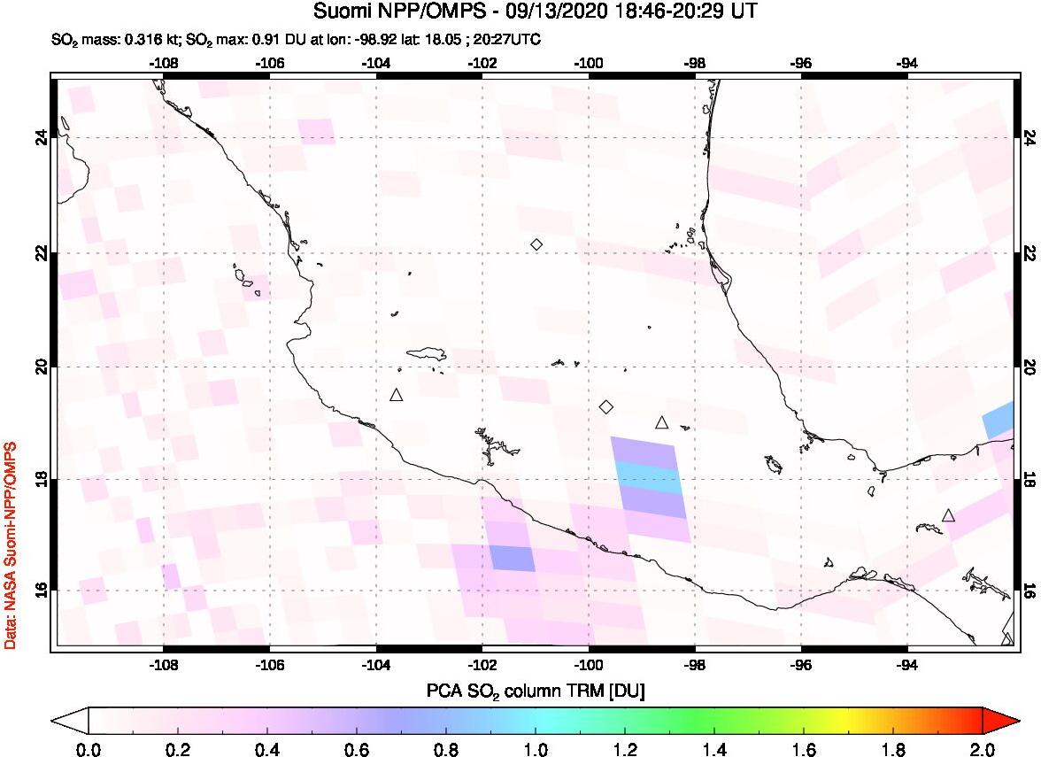 A sulfur dioxide image over Mexico on Sep 13, 2020.