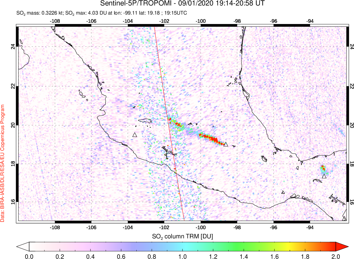 A sulfur dioxide image over Mexico on Sep 01, 2020.