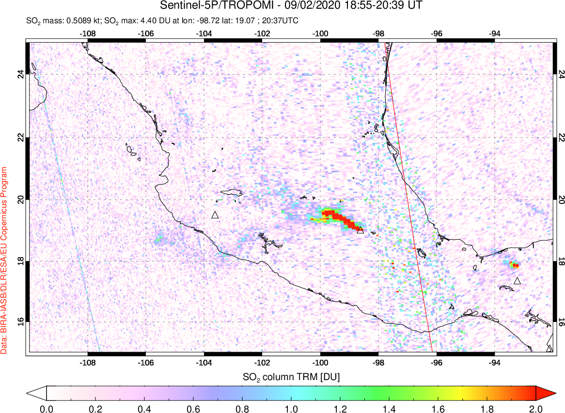 A sulfur dioxide image over Mexico on Sep 02, 2020.