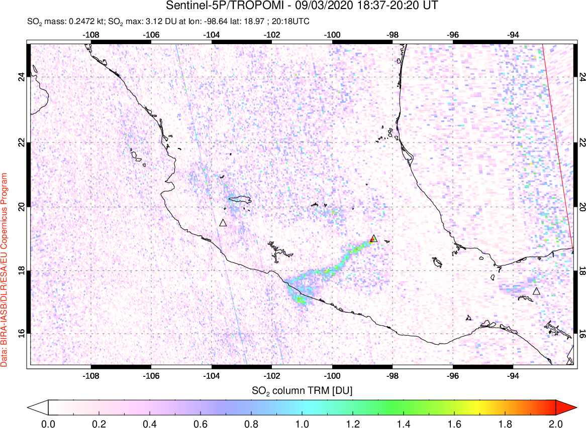 A sulfur dioxide image over Mexico on Sep 03, 2020.