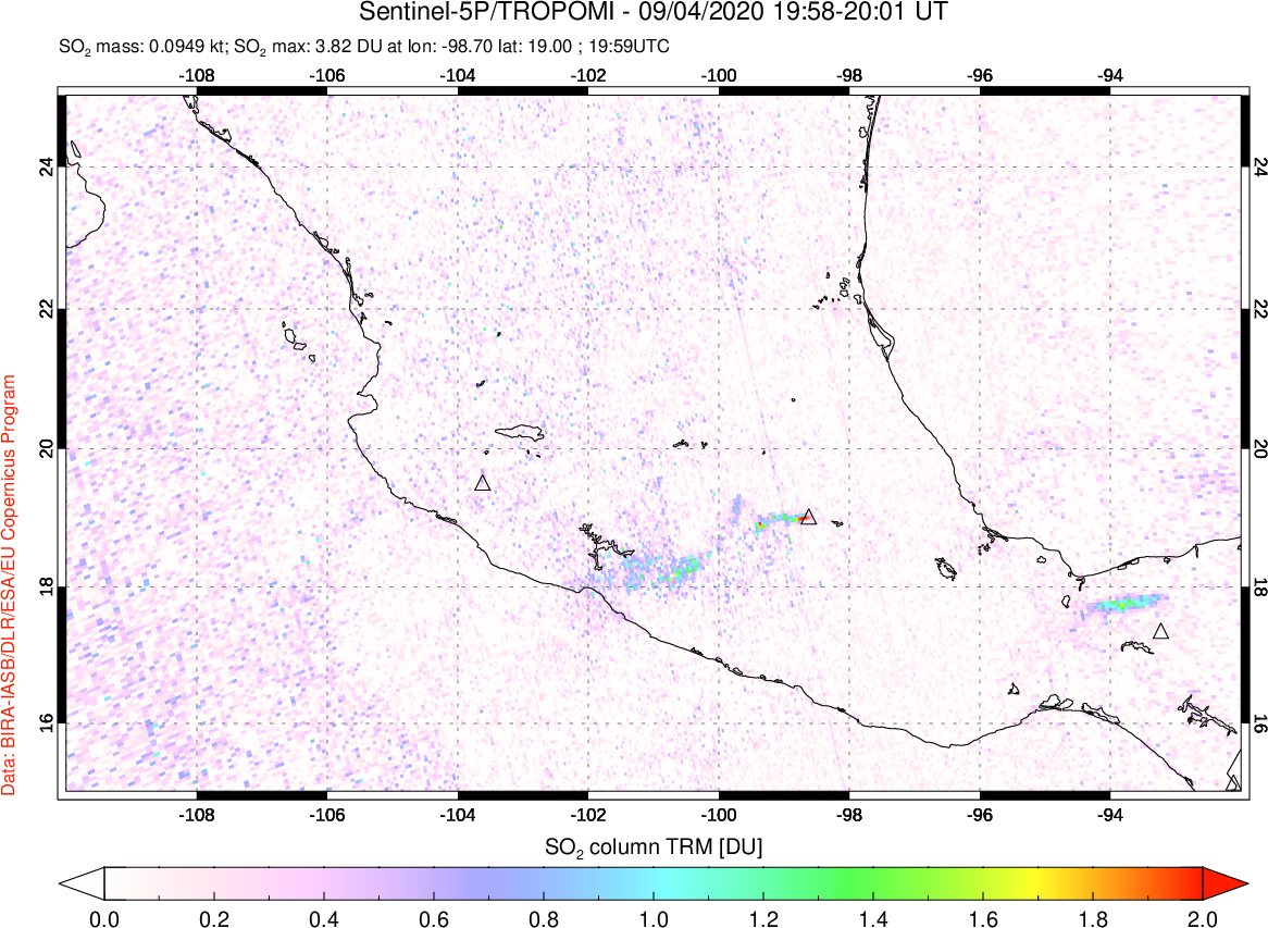 A sulfur dioxide image over Mexico on Sep 04, 2020.