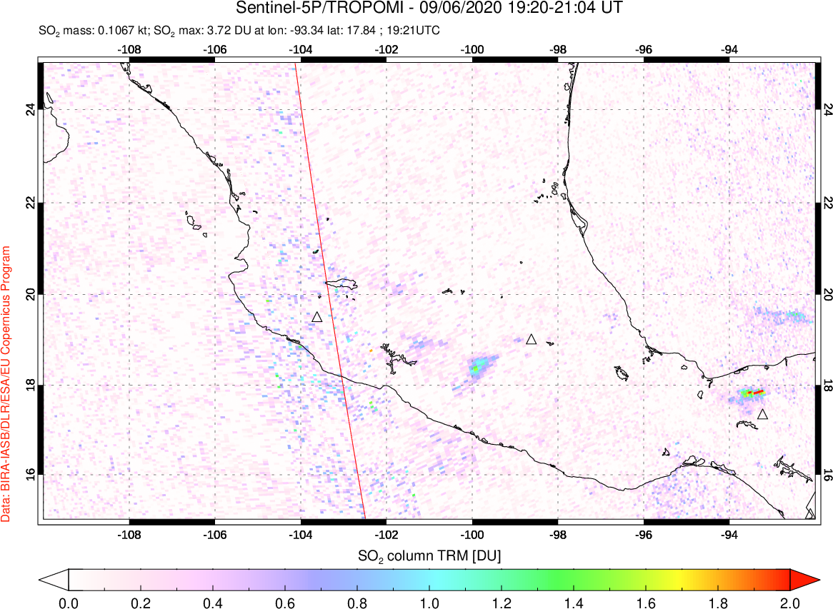 A sulfur dioxide image over Mexico on Sep 06, 2020.