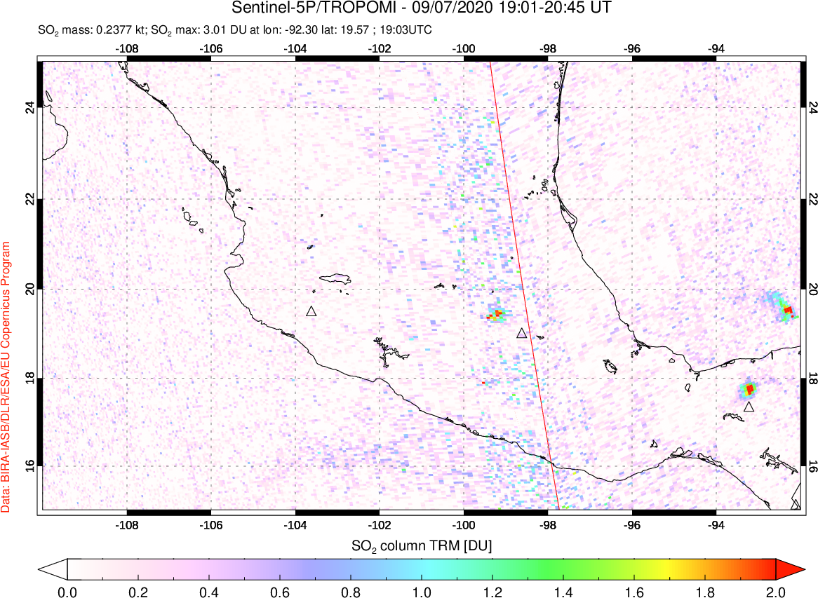 A sulfur dioxide image over Mexico on Sep 07, 2020.
