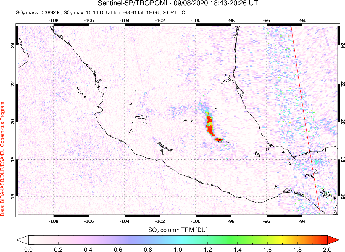 A sulfur dioxide image over Mexico on Sep 08, 2020.