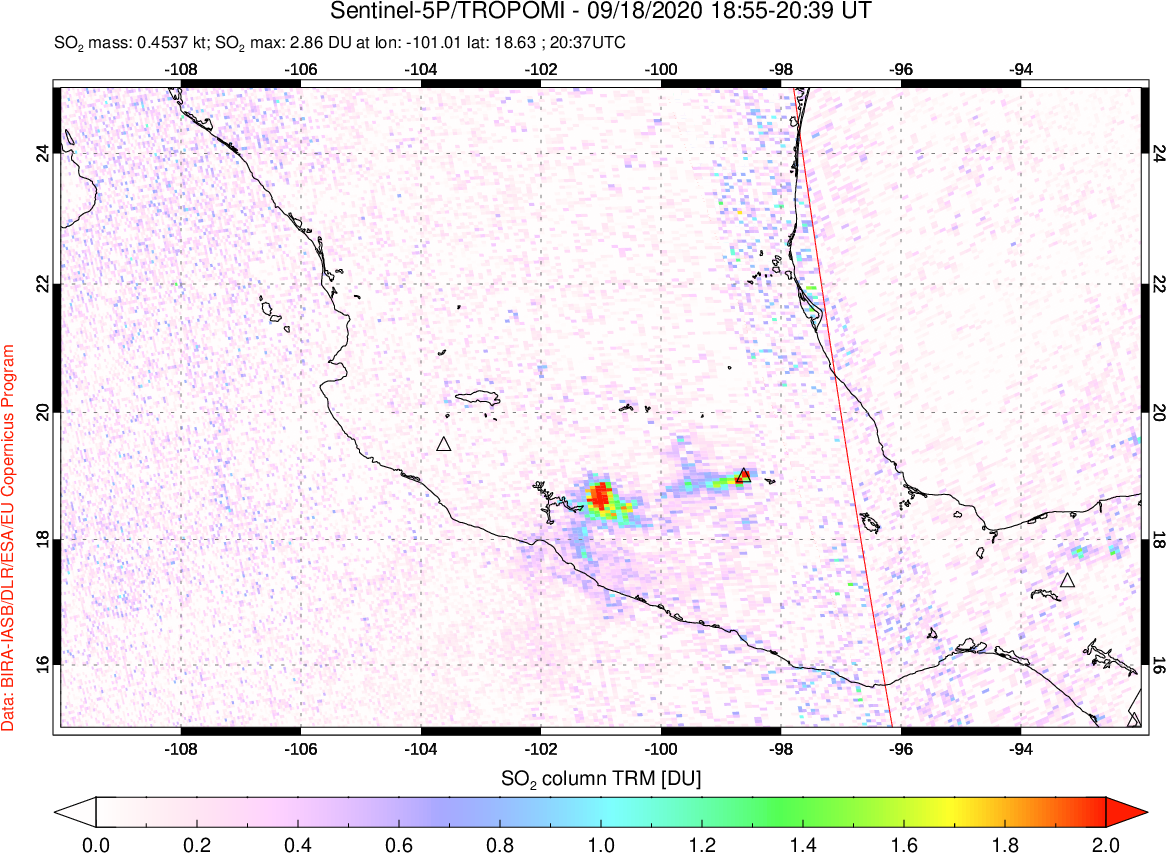 A sulfur dioxide image over Mexico on Sep 18, 2020.
