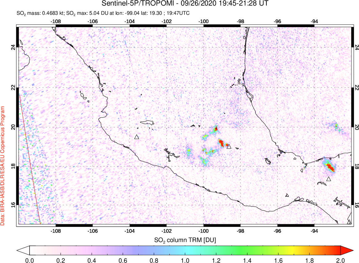 A sulfur dioxide image over Mexico on Sep 26, 2020.