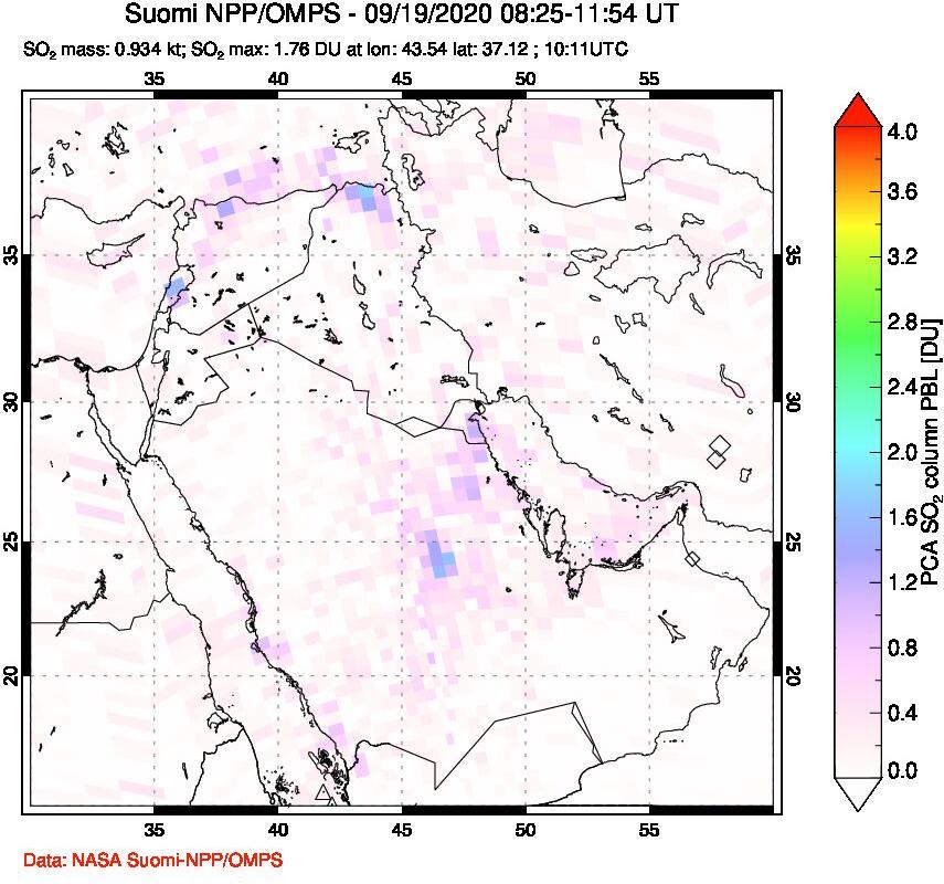 A sulfur dioxide image over Middle East on Sep 19, 2020.