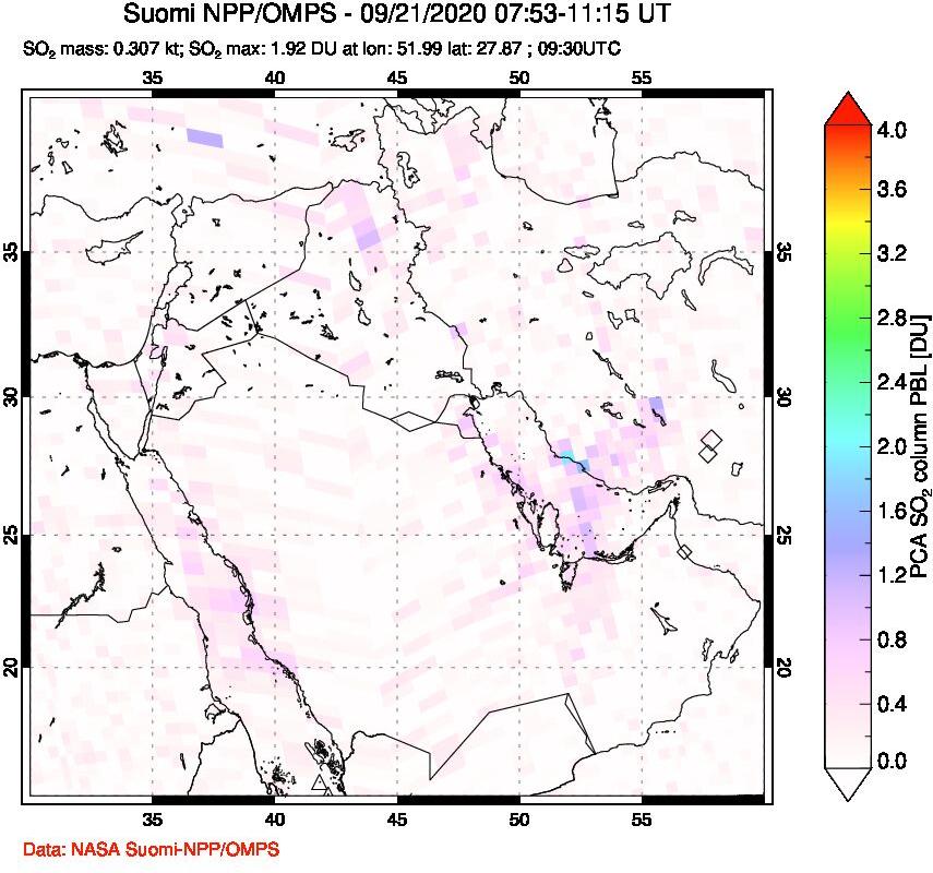 A sulfur dioxide image over Middle East on Sep 21, 2020.