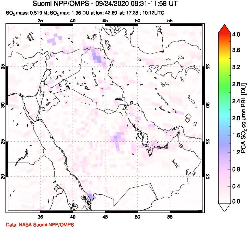 A sulfur dioxide image over Middle East on Sep 24, 2020.