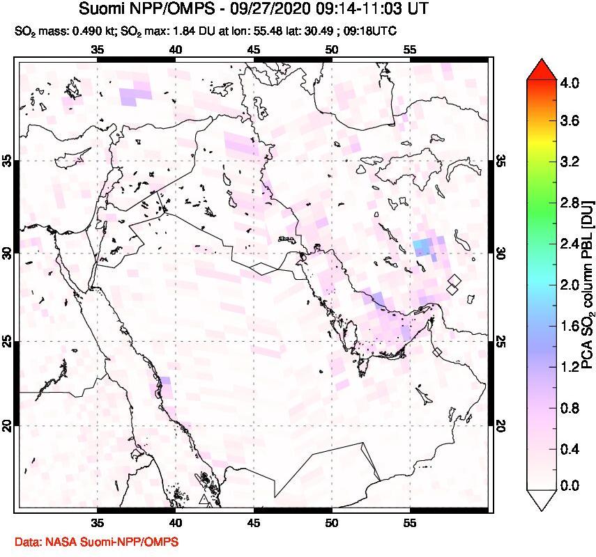 A sulfur dioxide image over Middle East on Sep 27, 2020.