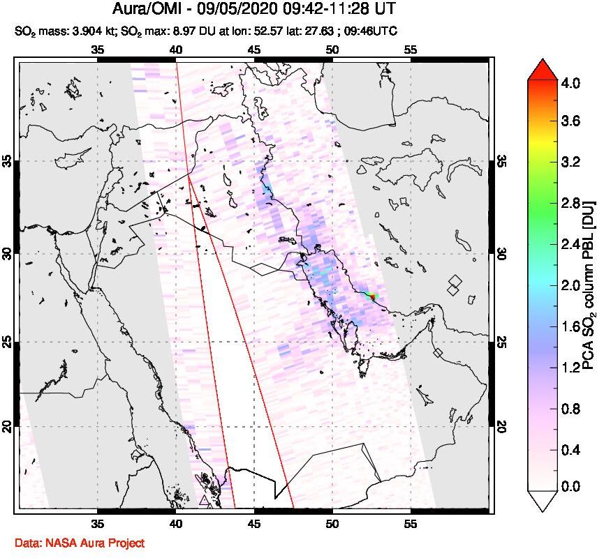 A sulfur dioxide image over Middle East on Sep 05, 2020.