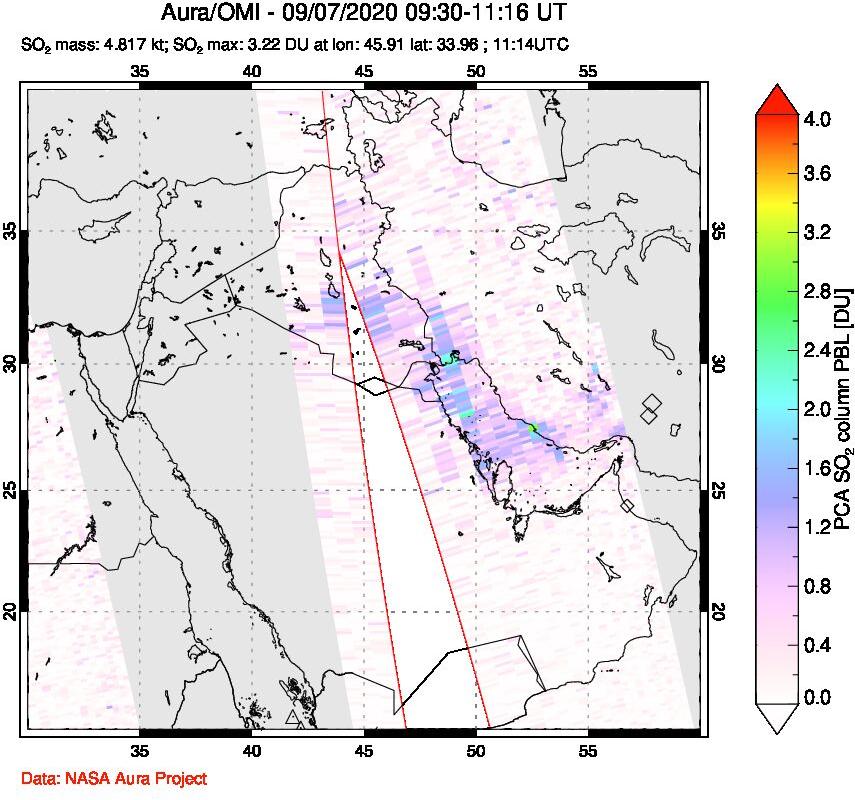 A sulfur dioxide image over Middle East on Sep 07, 2020.