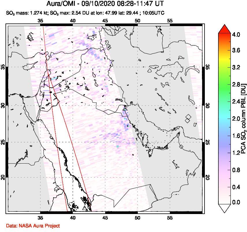 A sulfur dioxide image over Middle East on Sep 10, 2020.