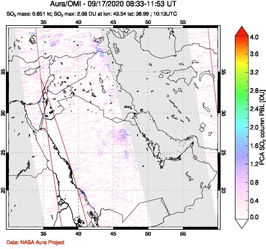A sulfur dioxide image over Middle East on Sep 17, 2020.