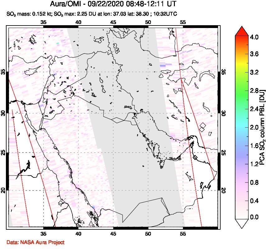 A sulfur dioxide image over Middle East on Sep 22, 2020.