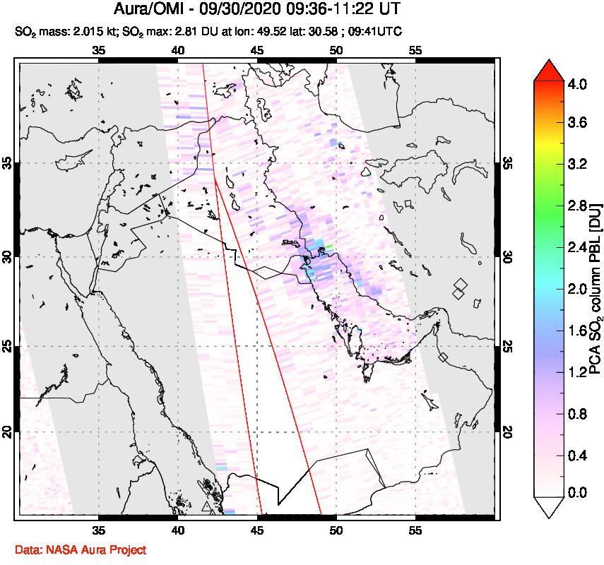 A sulfur dioxide image over Middle East on Sep 30, 2020.