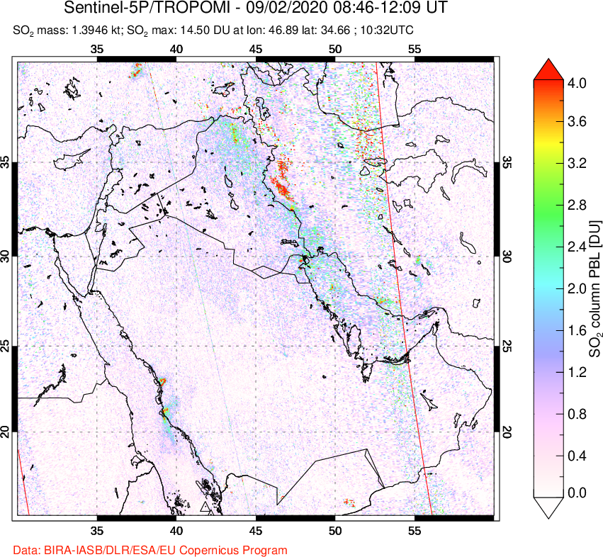 A sulfur dioxide image over Middle East on Sep 02, 2020.