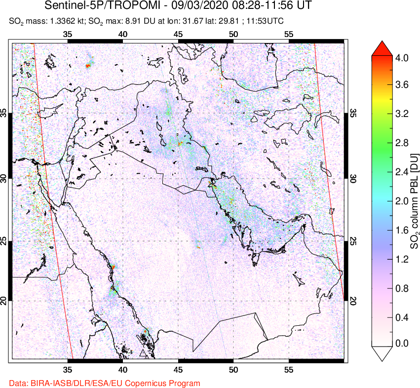 A sulfur dioxide image over Middle East on Sep 03, 2020.