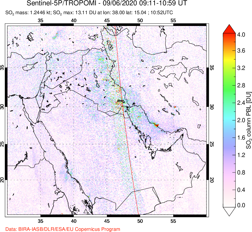 A sulfur dioxide image over Middle East on Sep 06, 2020.