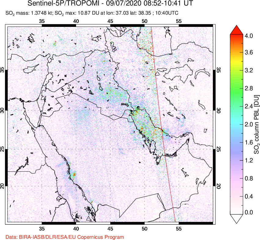 A sulfur dioxide image over Middle East on Sep 07, 2020.