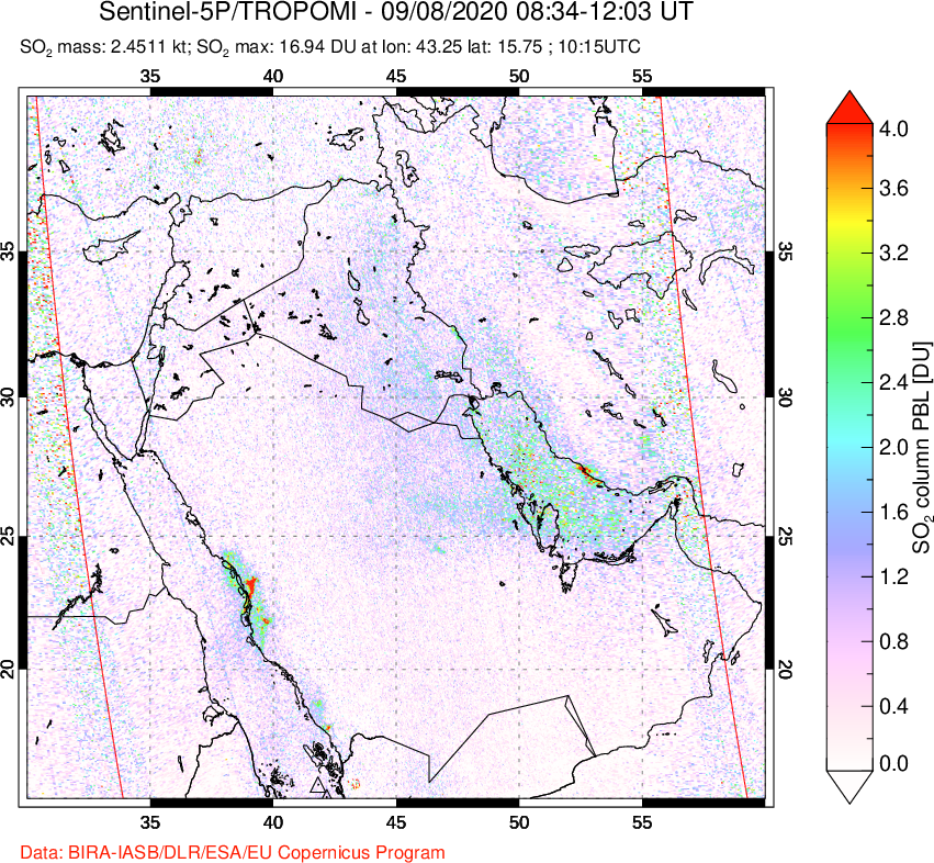 A sulfur dioxide image over Middle East on Sep 08, 2020.