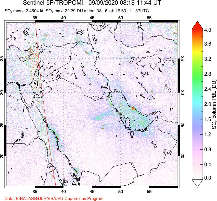 A sulfur dioxide image over Middle East on Sep 09, 2020.
