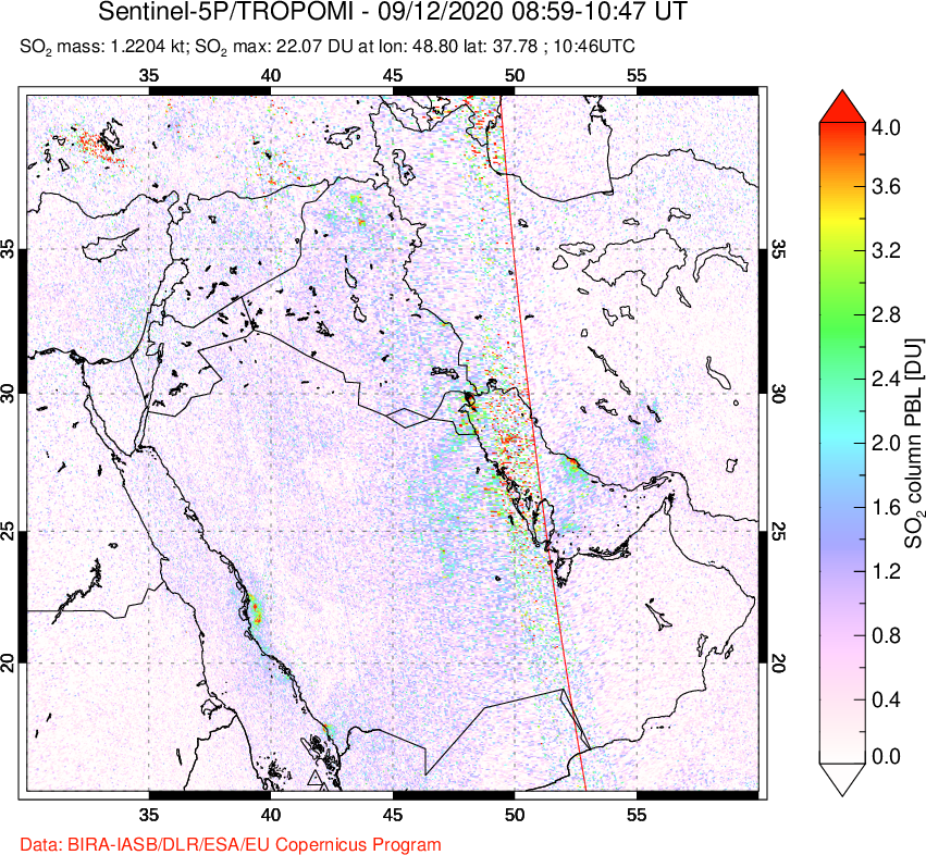 A sulfur dioxide image over Middle East on Sep 12, 2020.