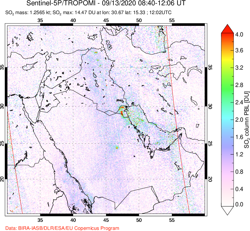 A sulfur dioxide image over Middle East on Sep 13, 2020.