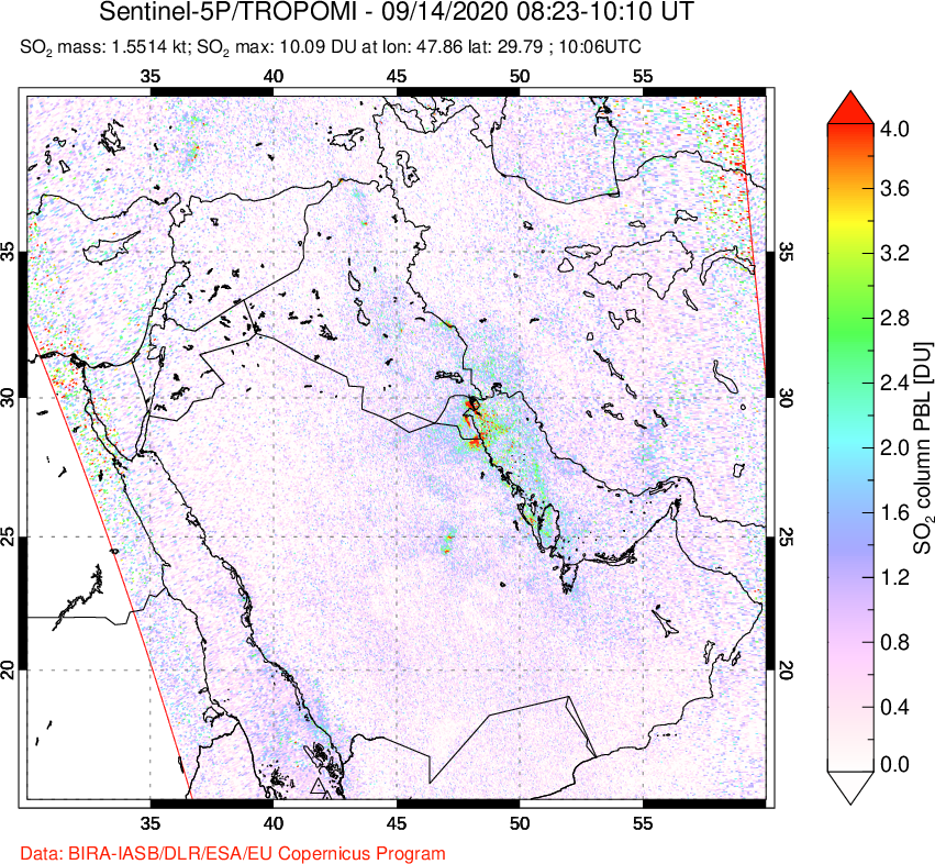 A sulfur dioxide image over Middle East on Sep 14, 2020.