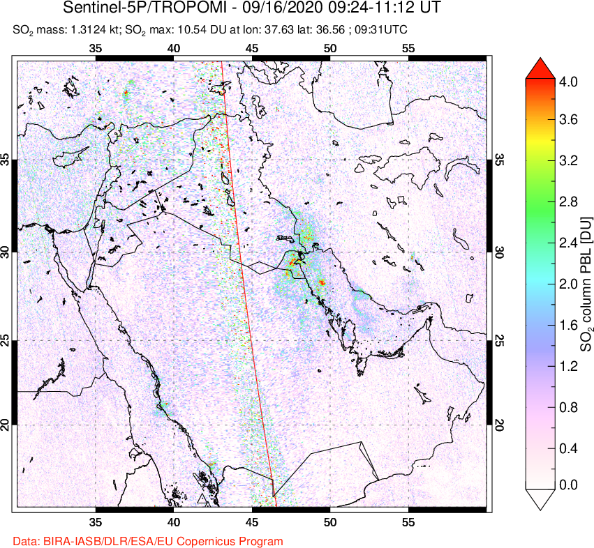 A sulfur dioxide image over Middle East on Sep 16, 2020.