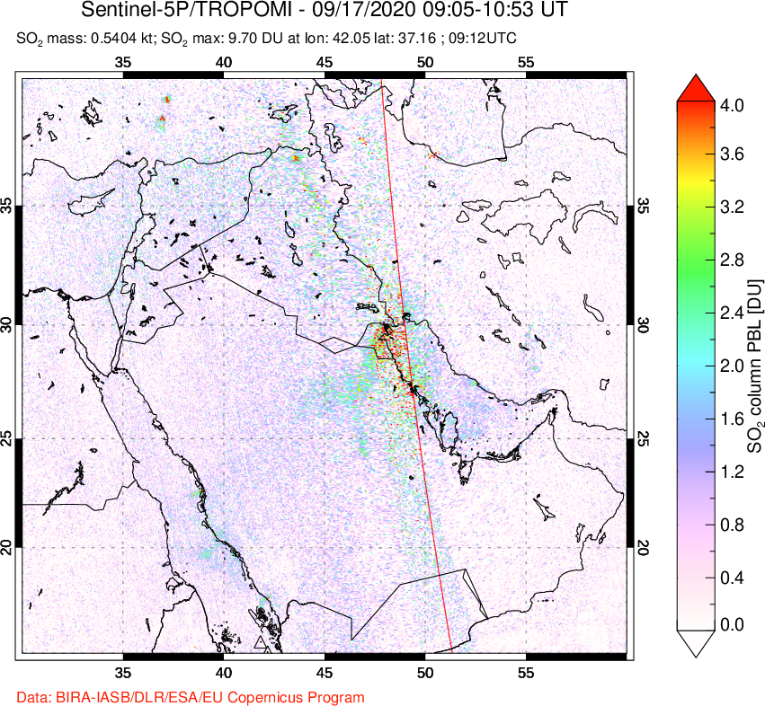 A sulfur dioxide image over Middle East on Sep 17, 2020.