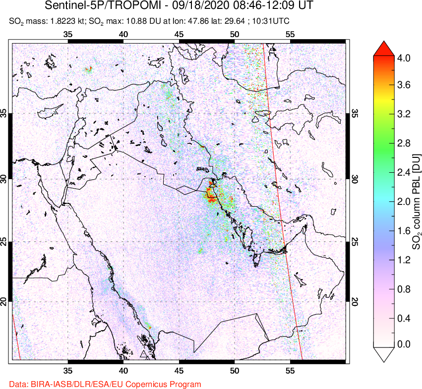 A sulfur dioxide image over Middle East on Sep 18, 2020.