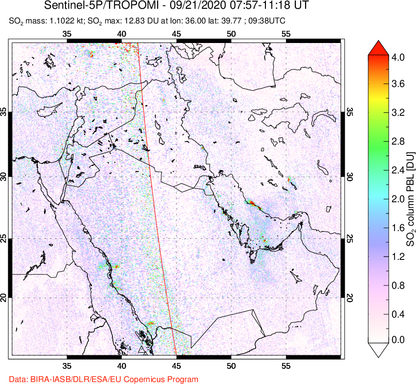 A sulfur dioxide image over Middle East on Sep 21, 2020.