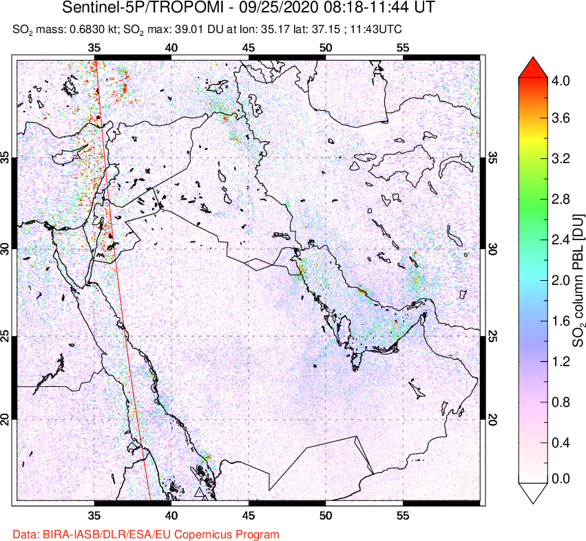 A sulfur dioxide image over Middle East on Sep 25, 2020.