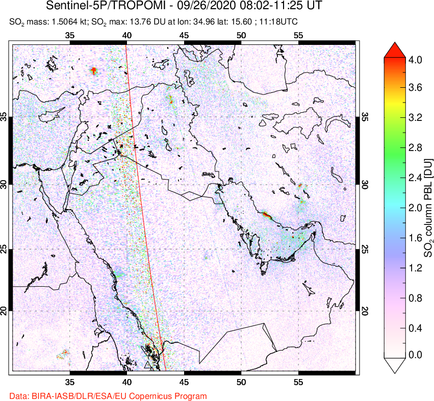 A sulfur dioxide image over Middle East on Sep 26, 2020.