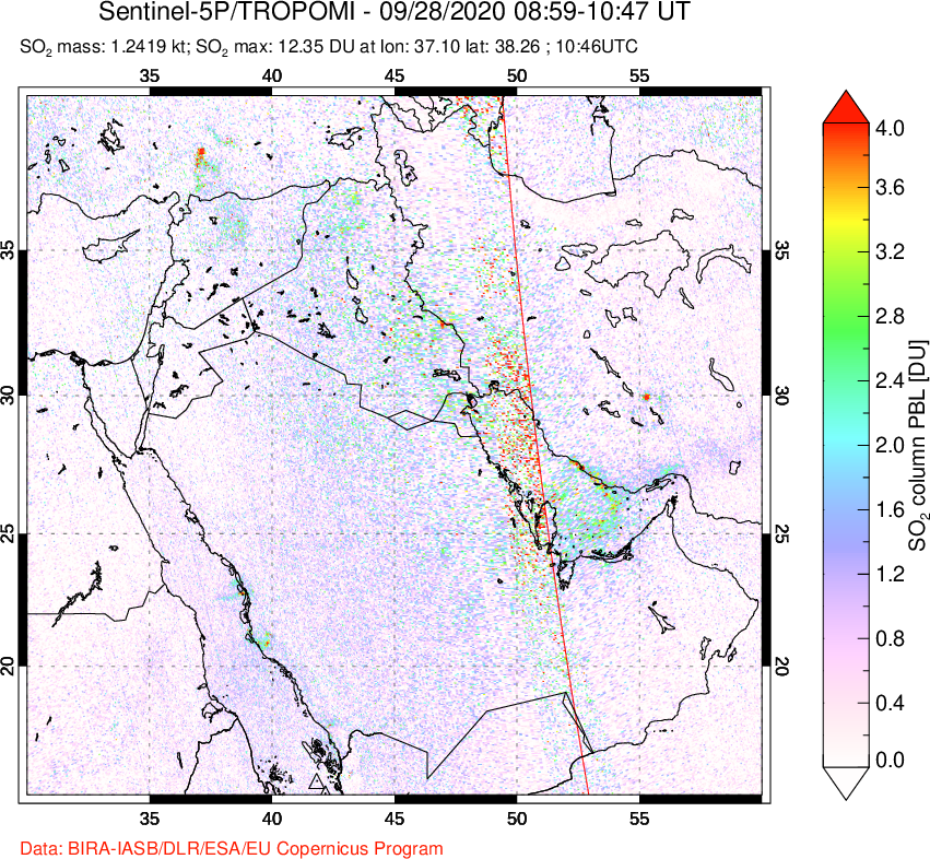 A sulfur dioxide image over Middle East on Sep 28, 2020.