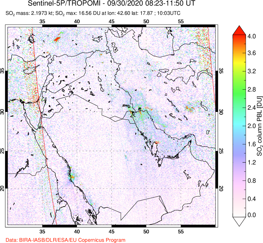 A sulfur dioxide image over Middle East on Sep 30, 2020.
