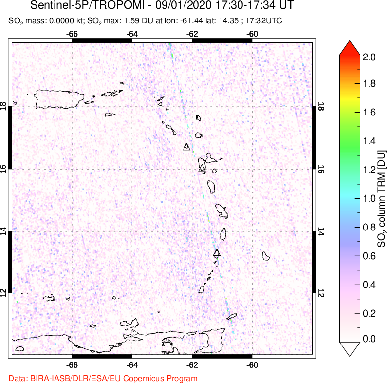 A sulfur dioxide image over Montserrat, West Indies on Sep 01, 2020.