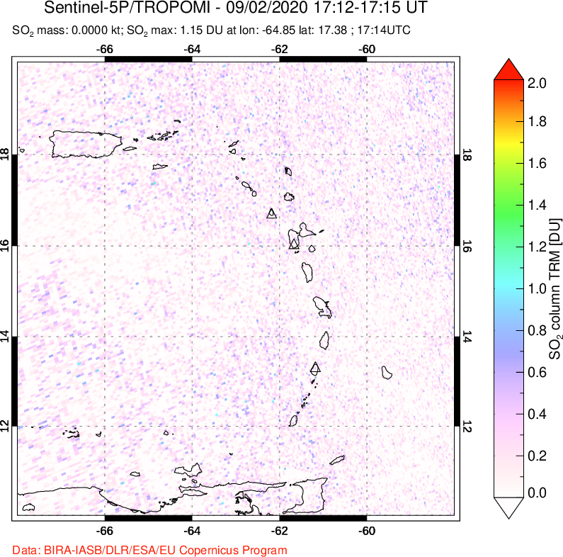 A sulfur dioxide image over Montserrat, West Indies on Sep 02, 2020.