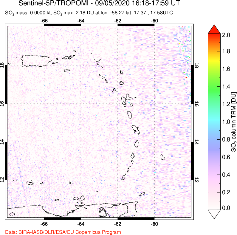 A sulfur dioxide image over Montserrat, West Indies on Sep 05, 2020.