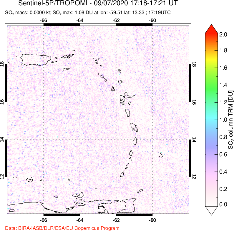 A sulfur dioxide image over Montserrat, West Indies on Sep 07, 2020.
