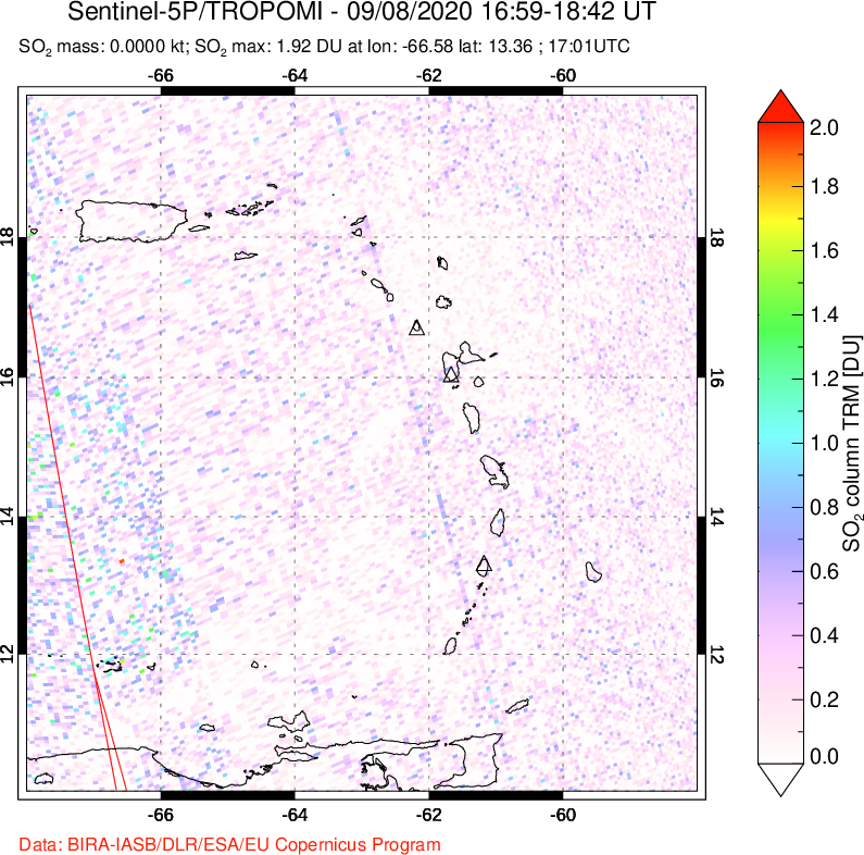 A sulfur dioxide image over Montserrat, West Indies on Sep 08, 2020.