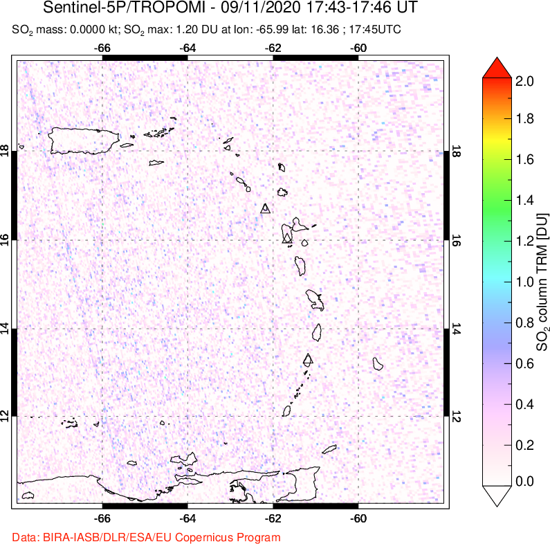 A sulfur dioxide image over Montserrat, West Indies on Sep 11, 2020.