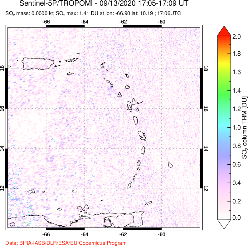 A sulfur dioxide image over Montserrat, West Indies on Sep 13, 2020.